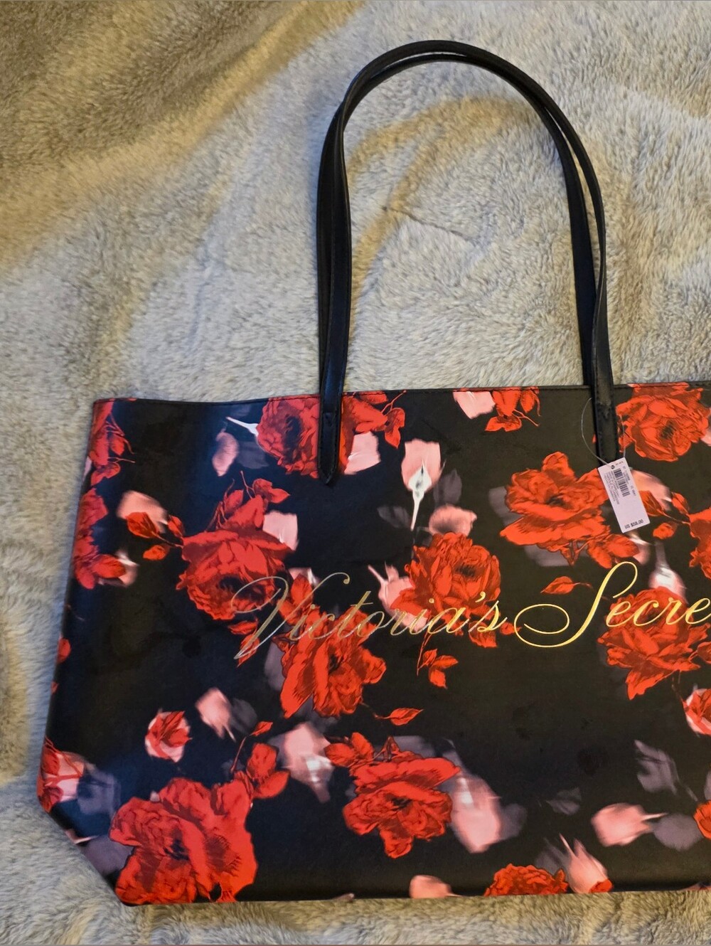 NWT Victoria's Secret Black Tote with Red Rose Print and Gold Script